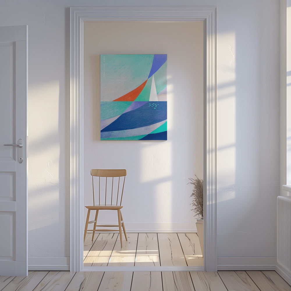 Art océanique abstrait avec voilier blanc minimaliste sur la mer | Tableaux sur Toile