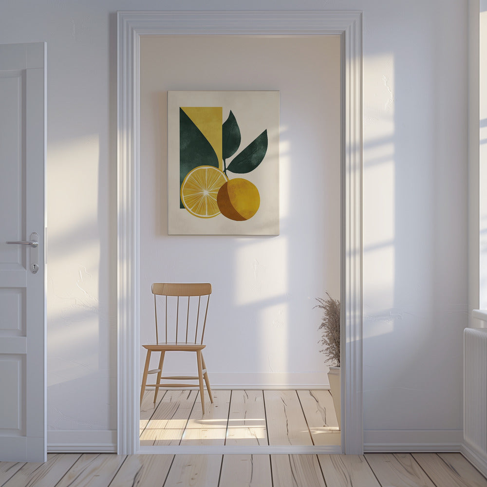 Gelbe Zitrone mit grünen Blättern Serenity | Leinwand