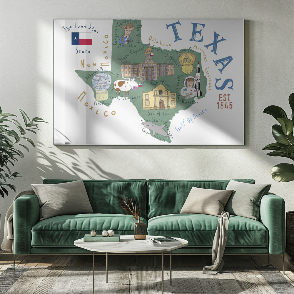 Carte de l'État du Texas illustrée par l'artiste Carla Daly | Tableaux sur Toile