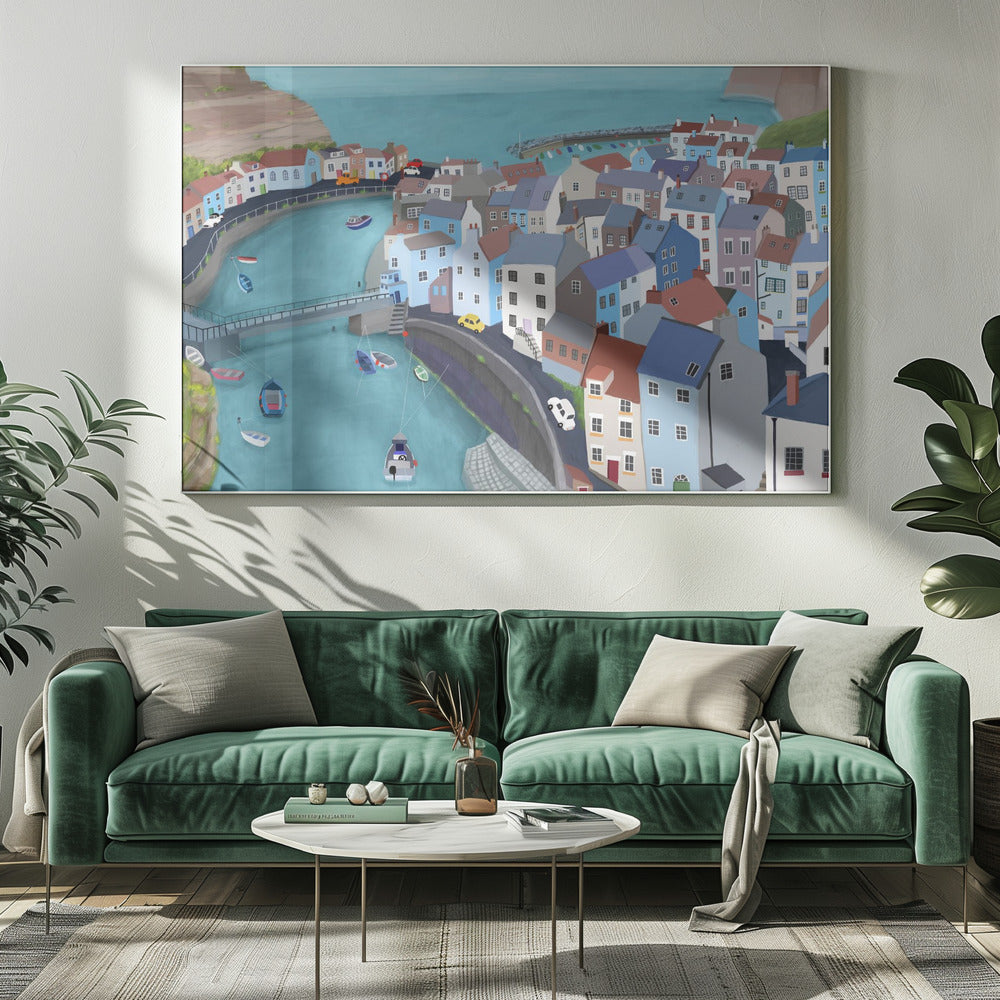 Vue aérienne de Staithes, Royaume-Uni par l'artiste Carla Daly | Tableaux sur Toile