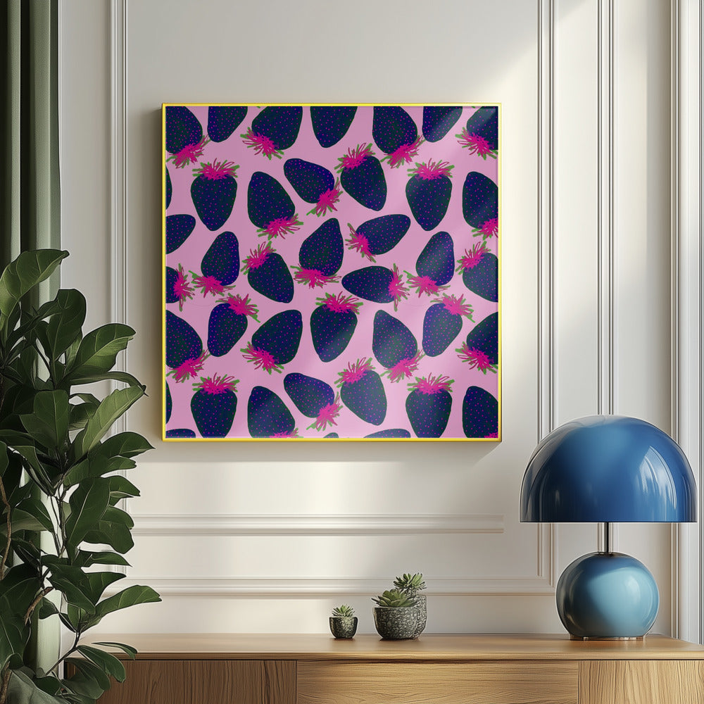 Fraises Fruit Bleu Marine Rose Sur Rose | Posters - Affiche Artistique