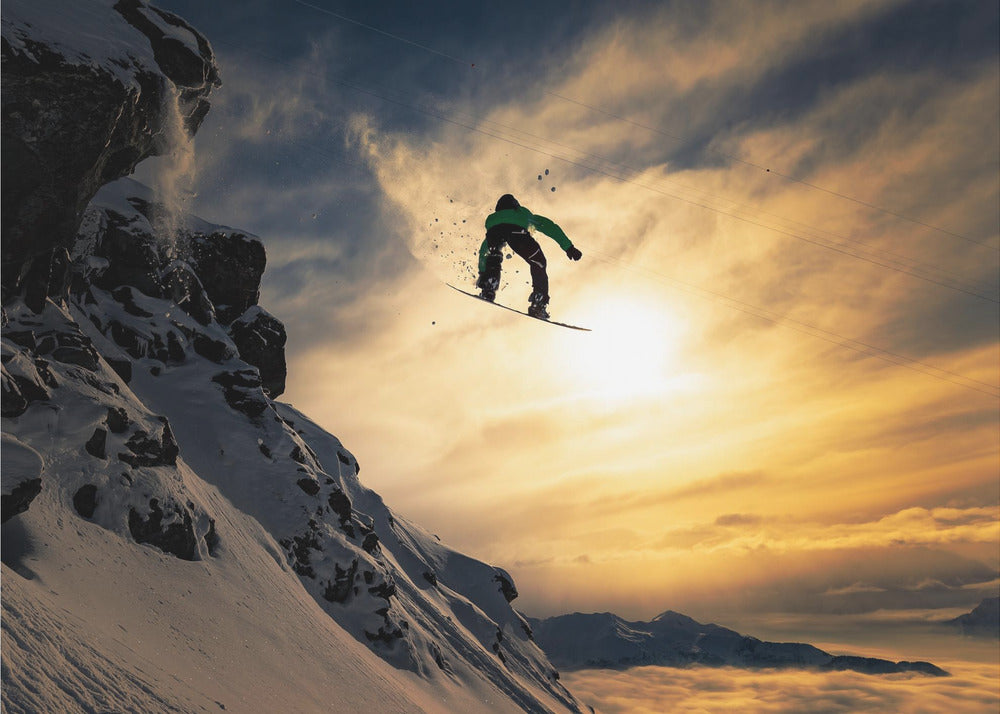 Snowboarden bij zonsondergang | Posters - Kunstdrukken