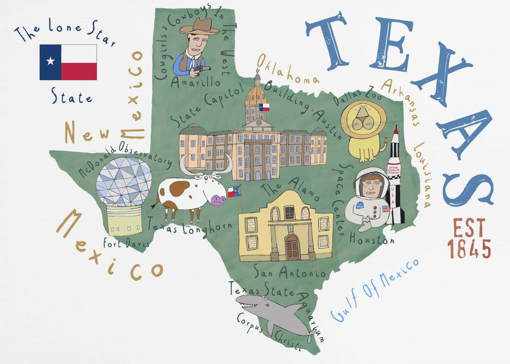 Carte de l'État du Texas illustrée par l'artiste Carla Daly | Tableaux sur Toile