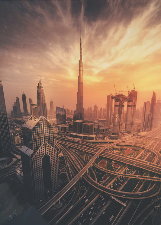 Ognisty zachód słońca w Dubaju | Wydruki na łótnie