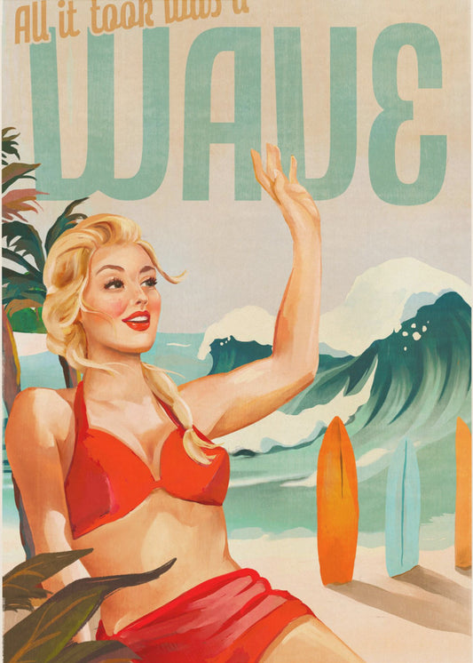 Surfing Pinup Girl On Beach In Bikini | Canvas