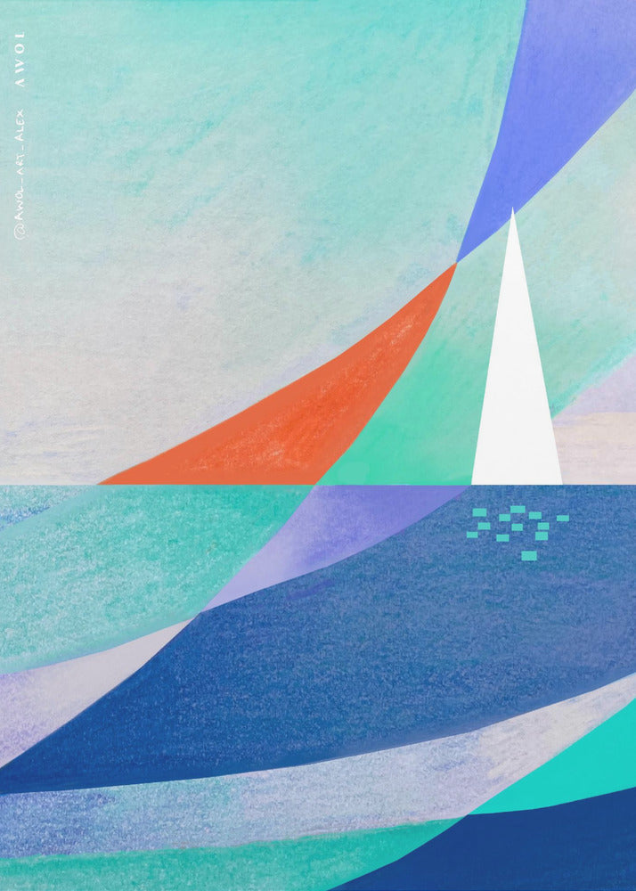 Art océanique abstrait avec voilier blanc minimaliste sur la mer | Tableaux sur Toile