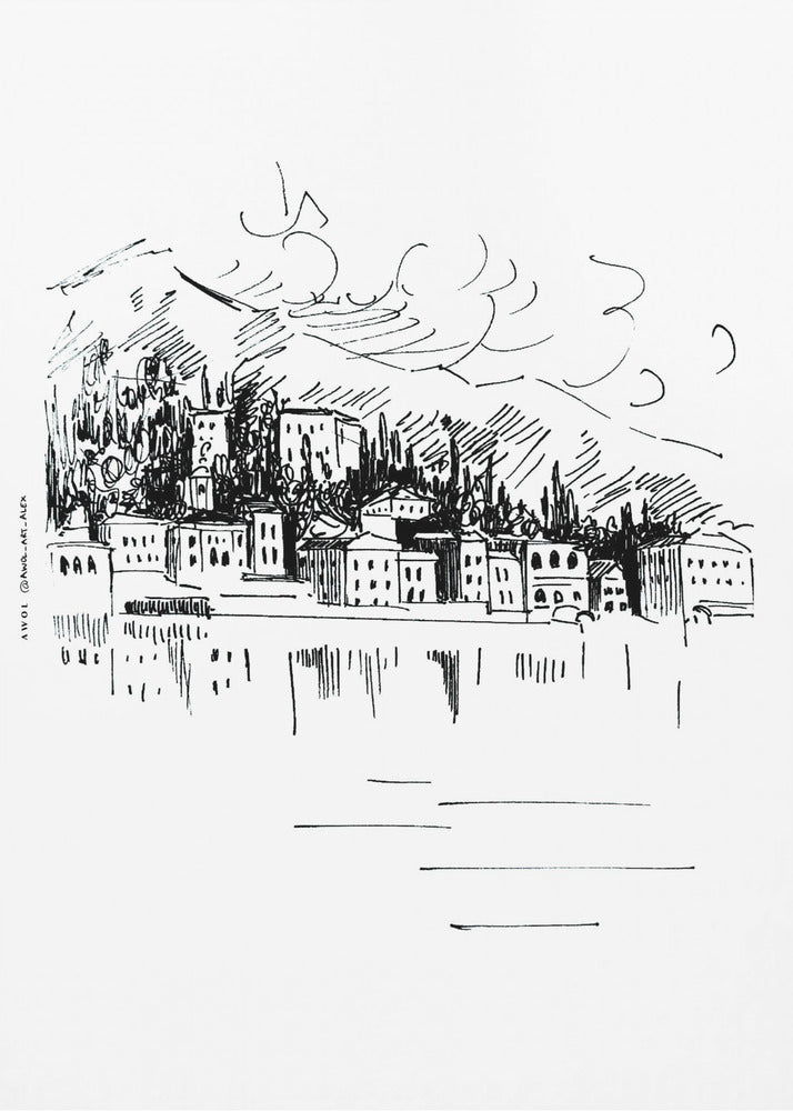 Impresión artística de paisaje de Italia, dibujo del lago de Como en Milán | Impresiones en Lienzo
