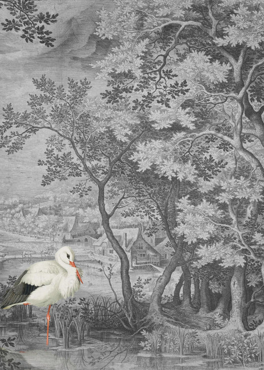 Vintage Landschaft mit Storch | Poster